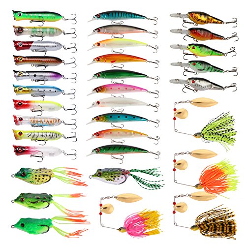 Goture Fishing Lure Set Soft and Hard Lure Including Spinner Baits Minnow Frog Popper Spoon Jigs Jointed Swimbaits for Freshwater Saltwater (Pack of 33)