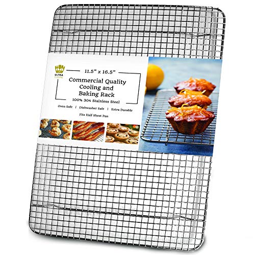Ultra Cuisine 100% Stainless Steel Wire Cooling Rack for Baking fits Half Sheet Pans Cool Cookies, Cakes, Breads - Oven Safe for Cooking, Roasting, Grilling - Heavy Duty Commercial Quality