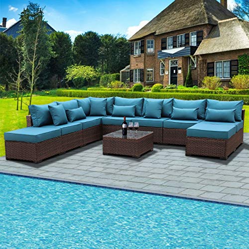 Outdoor Patio Brown Rattan 10 Piece Sectional Furniture Set PE Wicker Conversation Sofa with Peacock Blue Cushion
