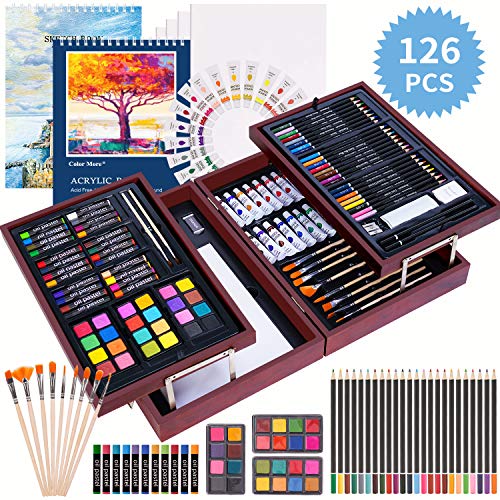 126 Piece Deluxe Art Creativity Set with 2 Drawing Pad, Art Supplies in Portable Wooden Case- Crayons, Oil Pastels, Colored Pencils, Acrylic Paints, Watercolor Cakes, Brushes - Deluxe Drawing Kit