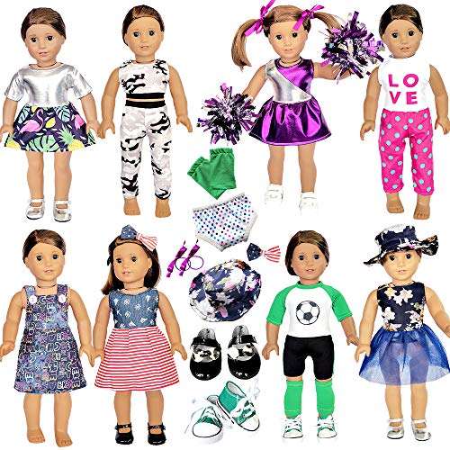 20 Pcs American Doll Clothes and Accessories fit American 18 inch Girl Dolls - Including 8 Complete Set Toys Doll Outfits and 2 Pairs Shoes, Doll Accessories with Cap, Underwear and Hair Clip
