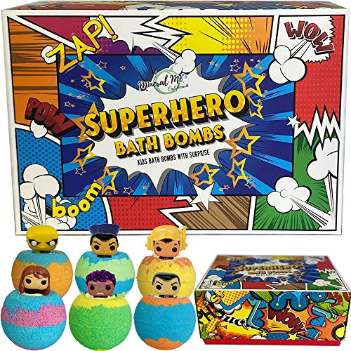 Bath Bombs for Kids with Surprise Inside - Set of 6 Colorful Bath Fizzies with Superhero Toys. Gentle and Kids Safe Spa Bath Fizz Balls Kit.Birthday Gift for Girls and Boys